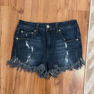 Altar'd State Dark Blue Frayed Jean Shorts